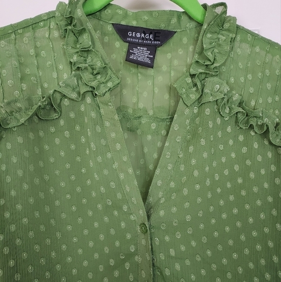 George designs by mark eisen women's sheer green top blouse w/ruffels size M. - Picture 4 of 5